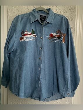 Solutions  Light Blue Embroidered Denim Button-Down Shirt with Farm Scene